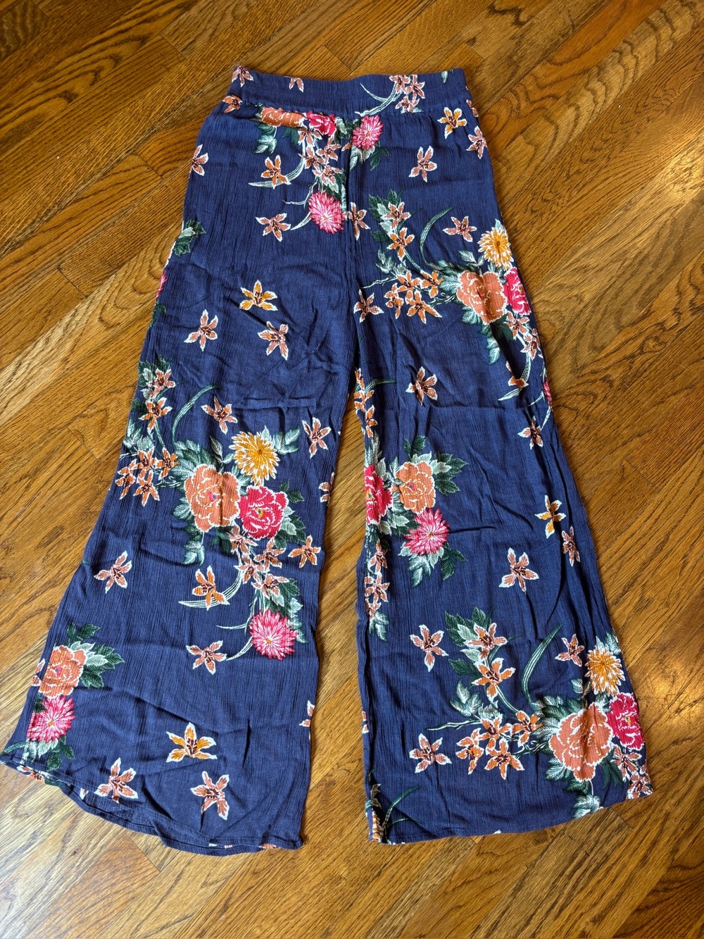 Navy Floral Wide-Leg Pants with Orange & Pink Blooms
